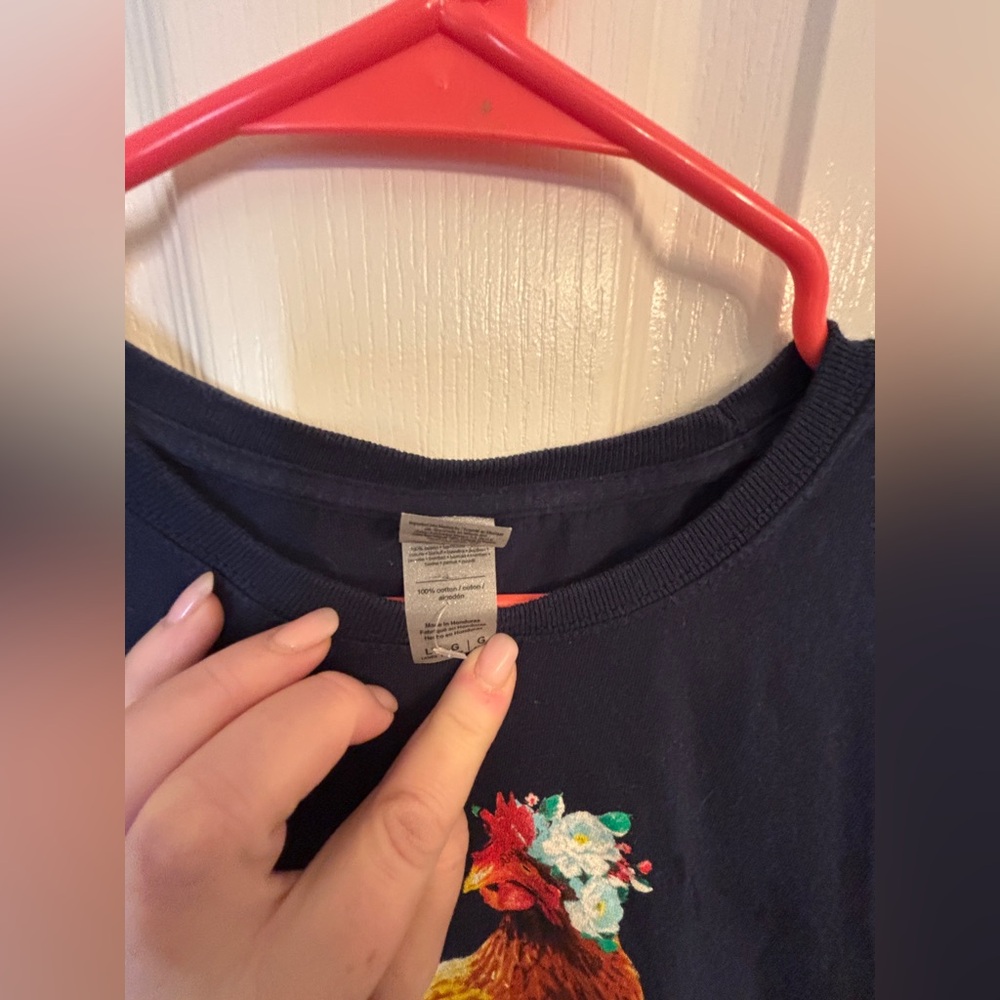 Chicken Hen Floral Graphic Blue Short-Sleeve T-Shirt 100% Cotton Women’s Large - Picture 3 of 6